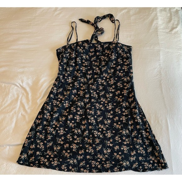 American Eagle Outfitters Dresses & Skirts - American Eagle Black Floral Mini Slip Dress Medium Tie Back Cottagecore Coquette